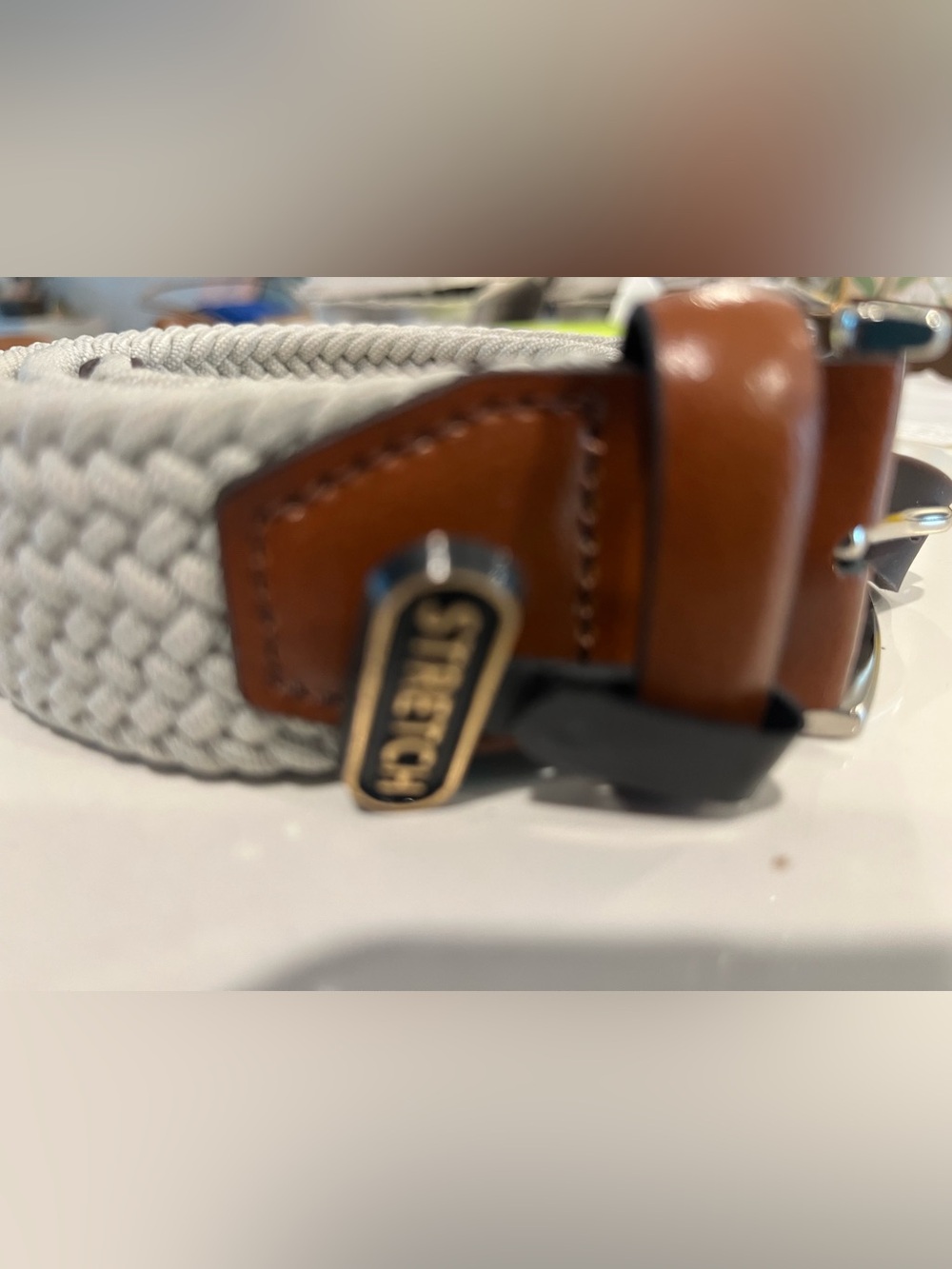 Joseph Abboud Light Gray Woven Belt with Brown Leather Accents Size 36 NWT ⛳️ - Picture 2 of 7